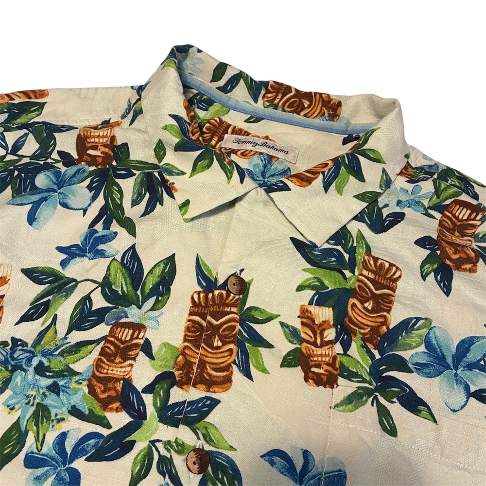 Tommy Bahama Mens White Tiki Mask Floral Textured Silk Camp TB93 Shirt XL